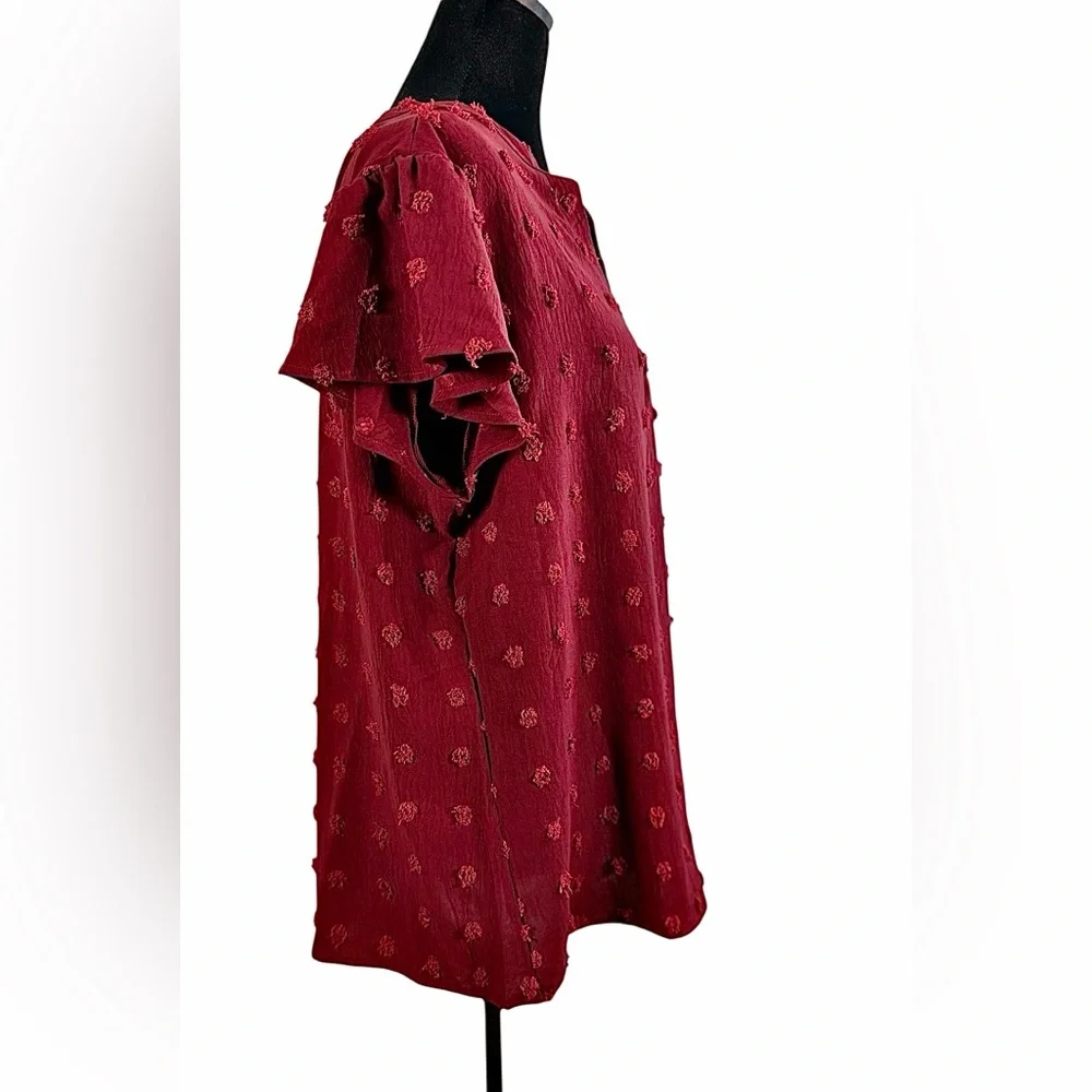 B. Burgundy Fuzzy Dot V-Neck Shirt XL Boho Flutter Sleeve Blouse Size M - Picture 4 of 7
